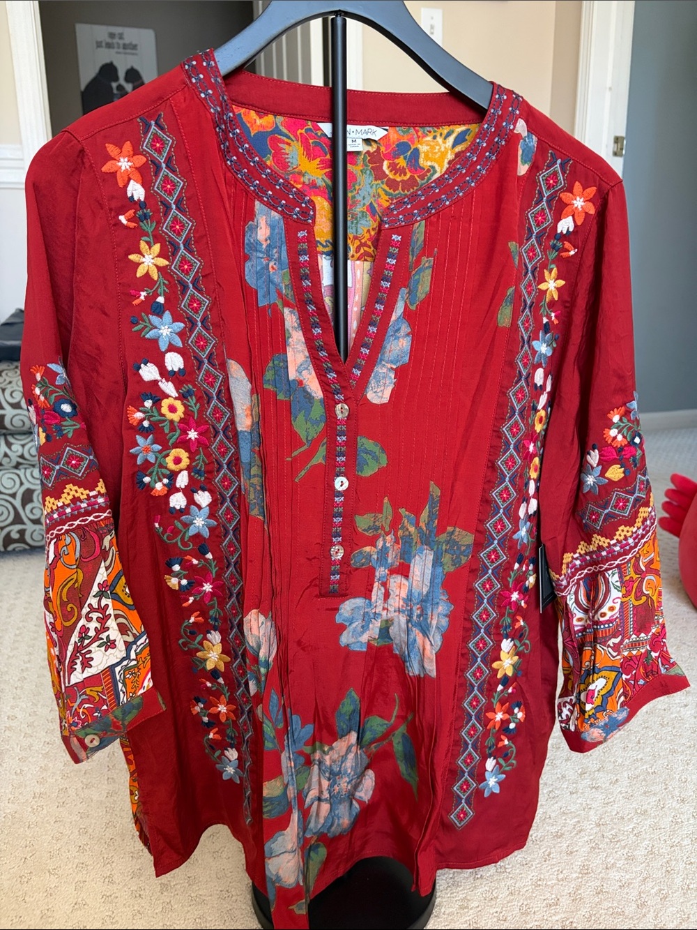 John Mark Red Embroidered Floral Tunic Blouse